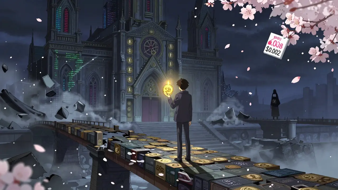 A lone figure holds a fading SCF token as a digital church crumbles behind them under a dark sky.