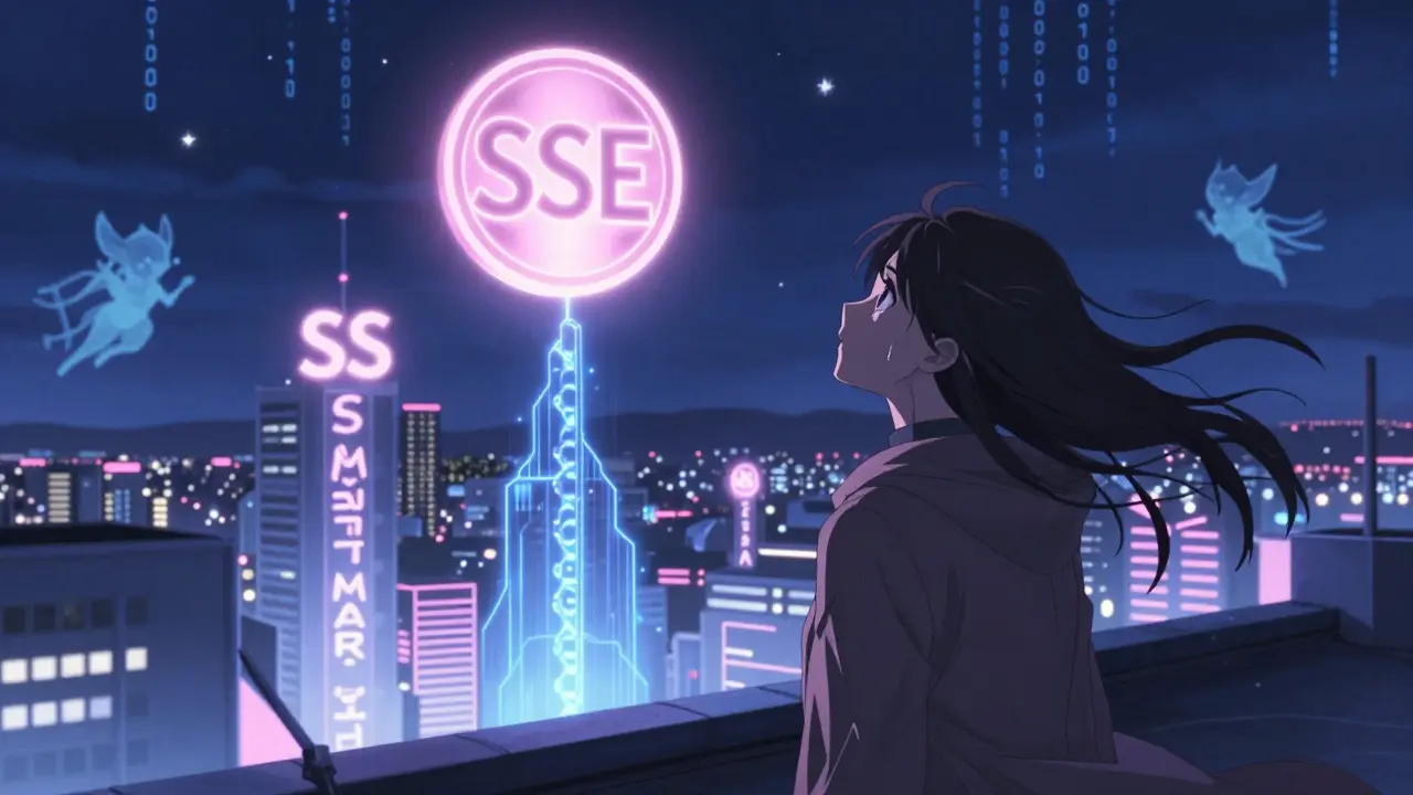 A lone figure on a rooftop watches SSE energy connect to futuristic blockchain towers under a starry cyber-sky.