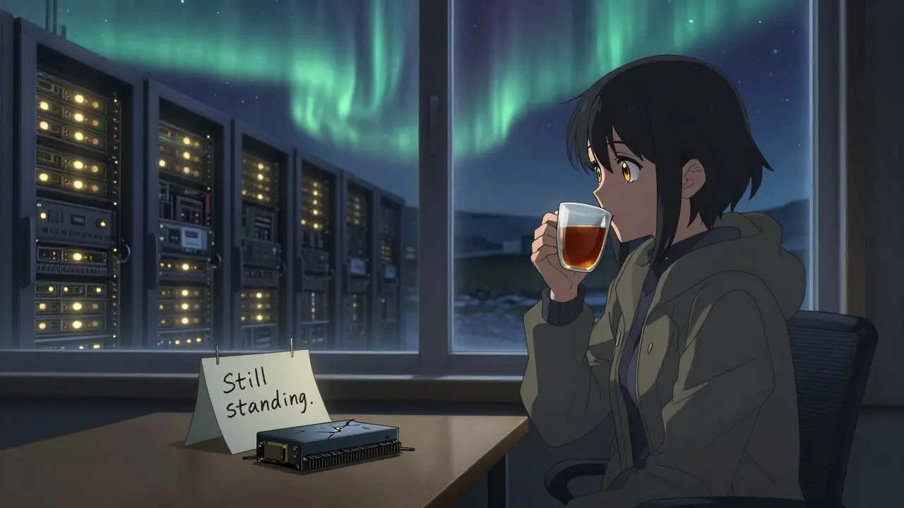 A miner watches the northern lights over silent servers, a cracked ASIC beside her, reflecting Bitcoin’s enduring presence.
