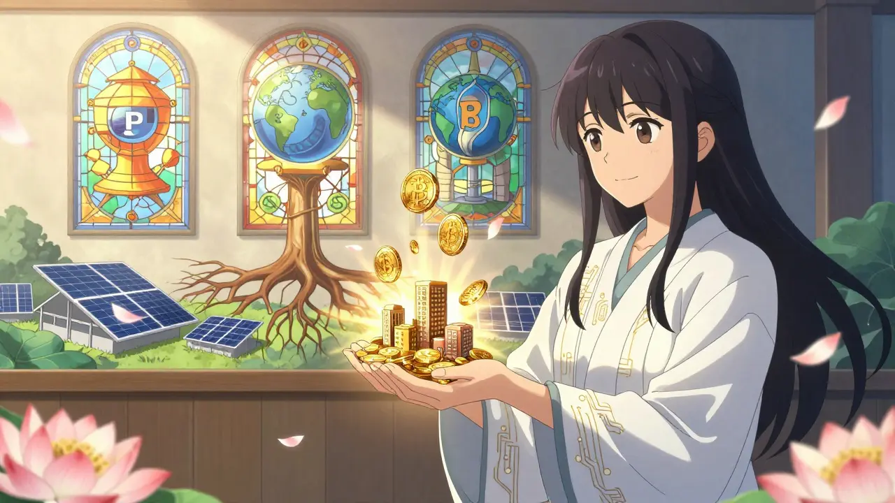 A person receives stablecoin payouts shaped like real-world buildings from a blockchain portal.