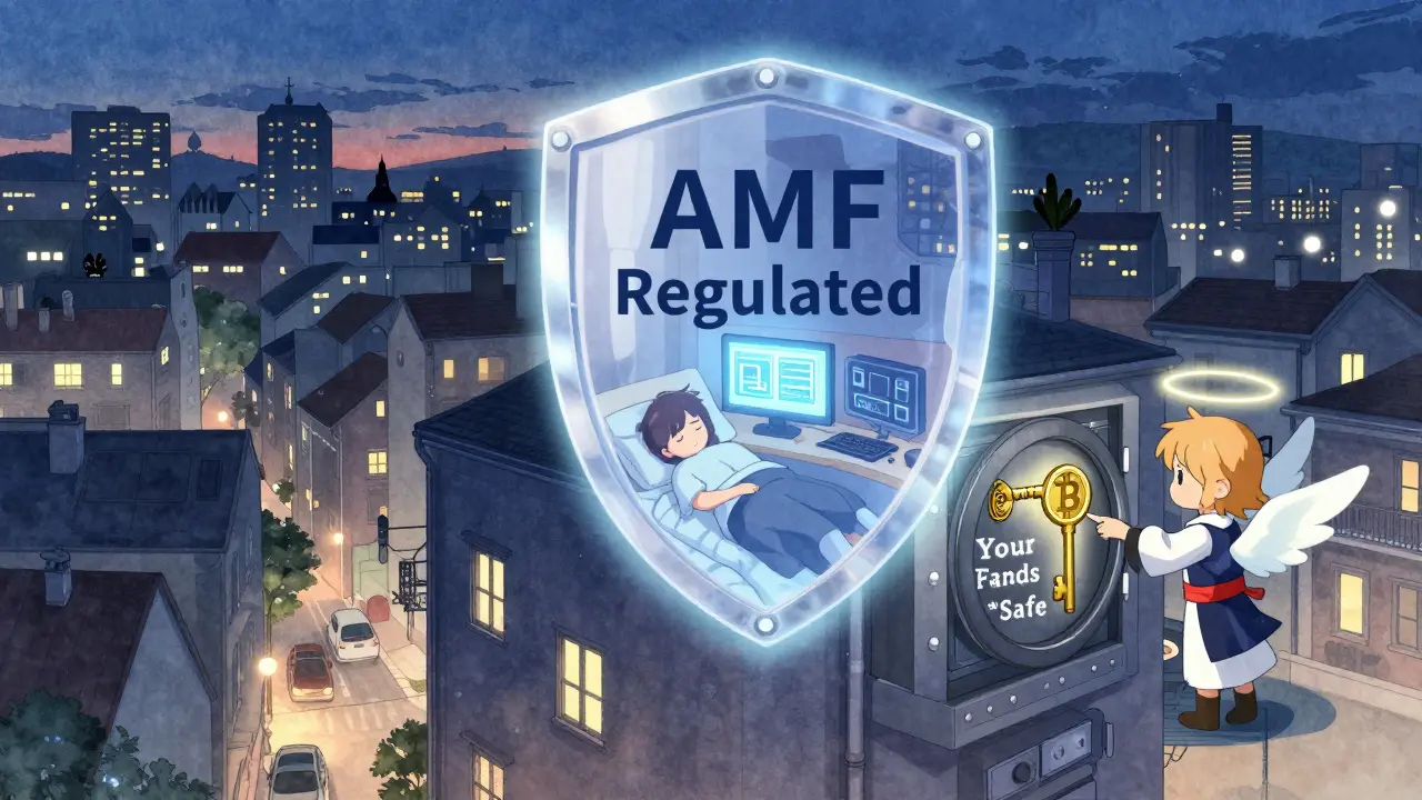 A protective regulatory shield glowing over a European building at night, with a vault and Bitcoin logo, serene and secure atmosphere.