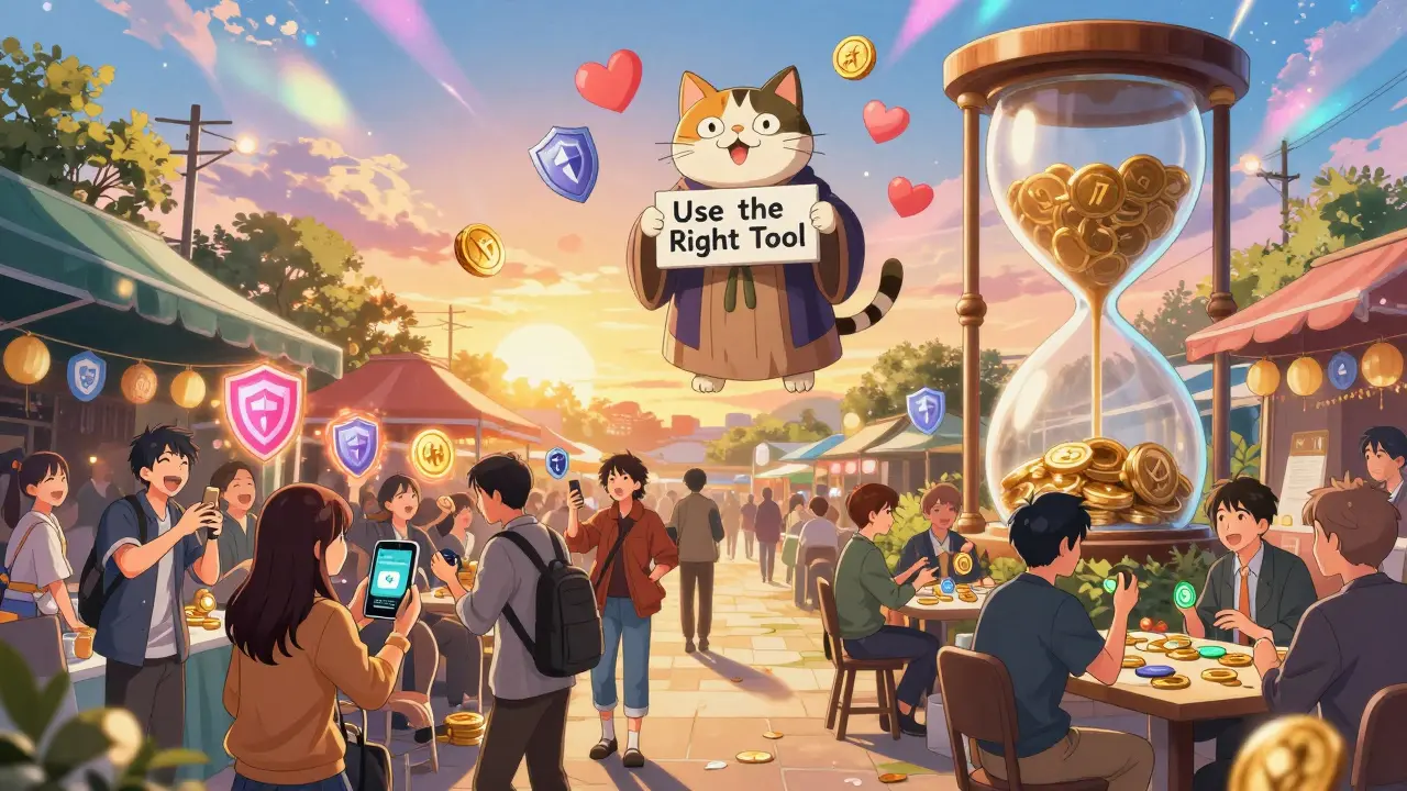 A split marketplace with fast ZK-Rollup trades on one side and slow Optimistic Rollup transactions on the other, an hourglass above.