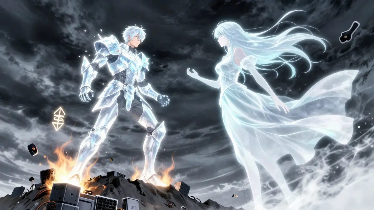 A symbolic battle between Proof of Work and Proof of Stake figures, one solid and firm, the other dissolving into light.