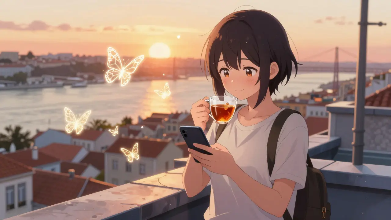A teenager enjoys tea on a Lisbon rooftop, surrounded by blockchain butterflies.