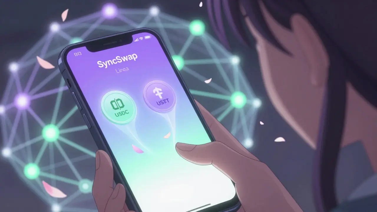 A young woman taps a SyncSwap screen as stablecoin icons rotate like petals, surrounded by pulsing network nodes.