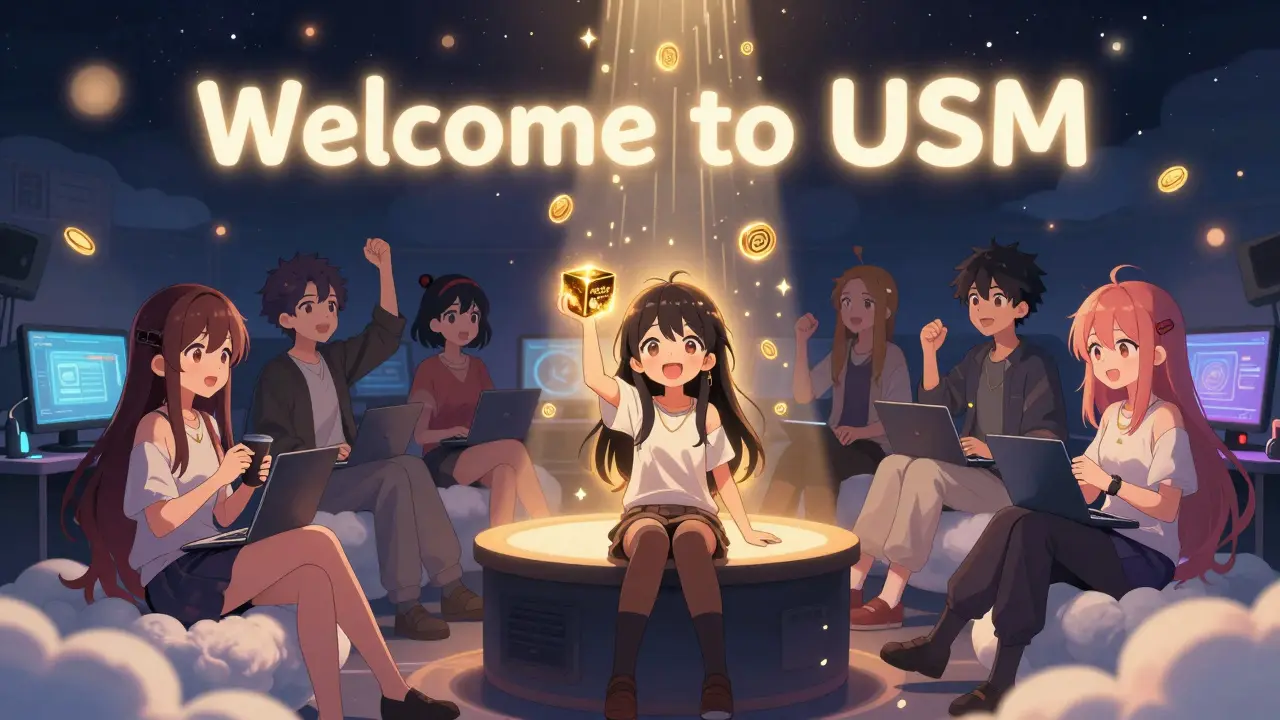 Anime-style friends cheer as RACA tokens rain down in a cozy Discord lounge, one holding a glowing Maye Musk Mystery Box NFT.