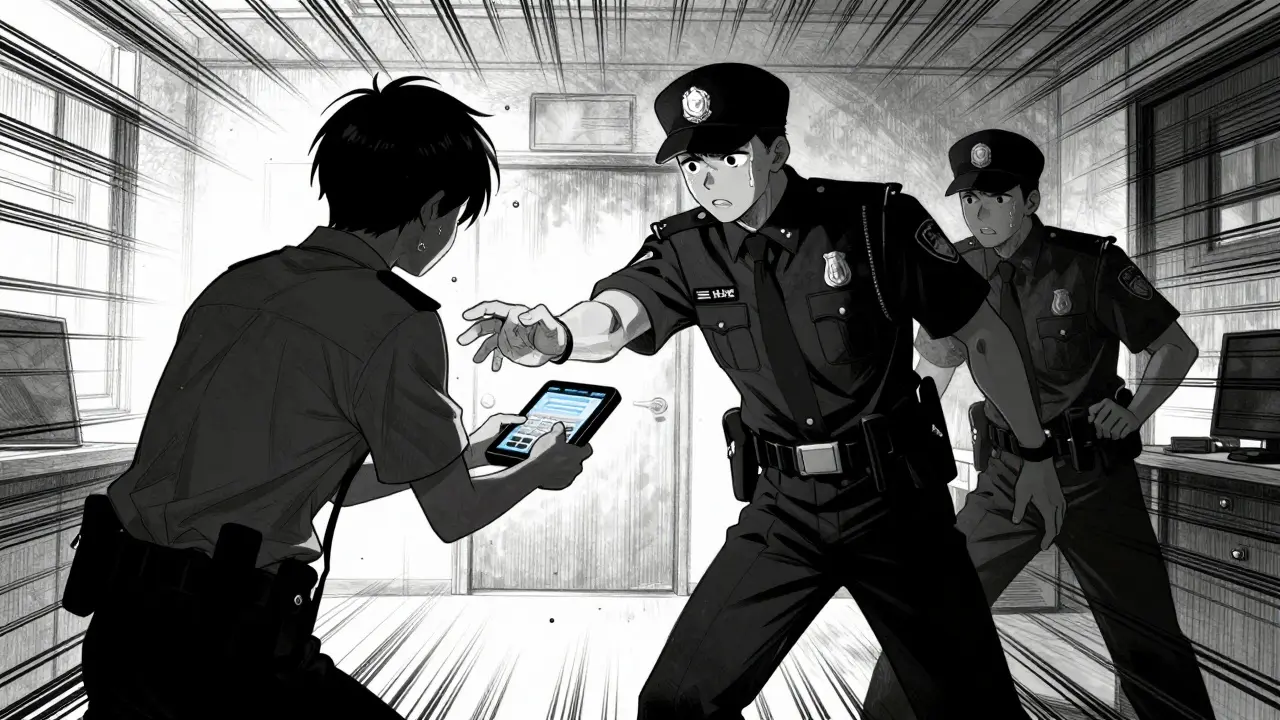 Authority figures reaching to confiscate electronics from user