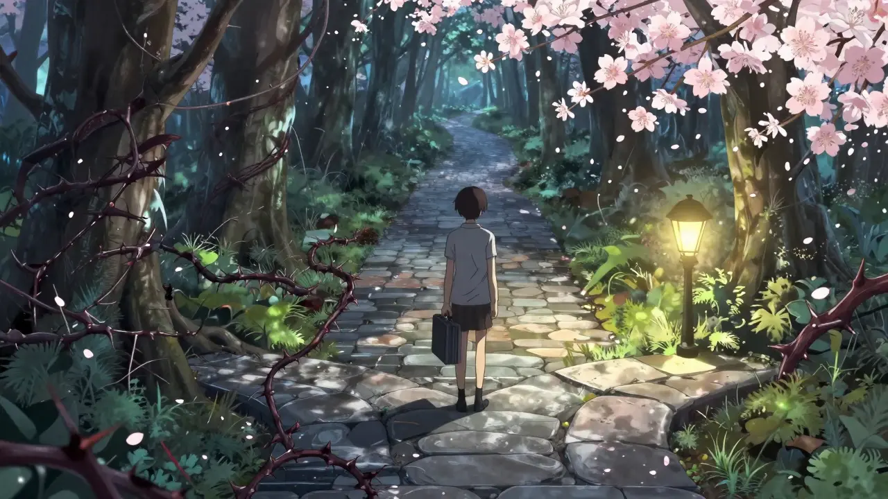 Character choosing between a dark path and a lit compliant road