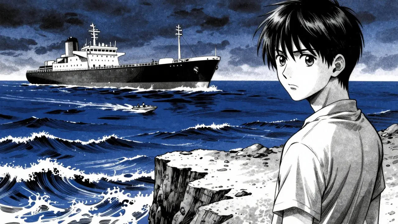 Character on cliff watching stormy sea with large ship and speedboat.