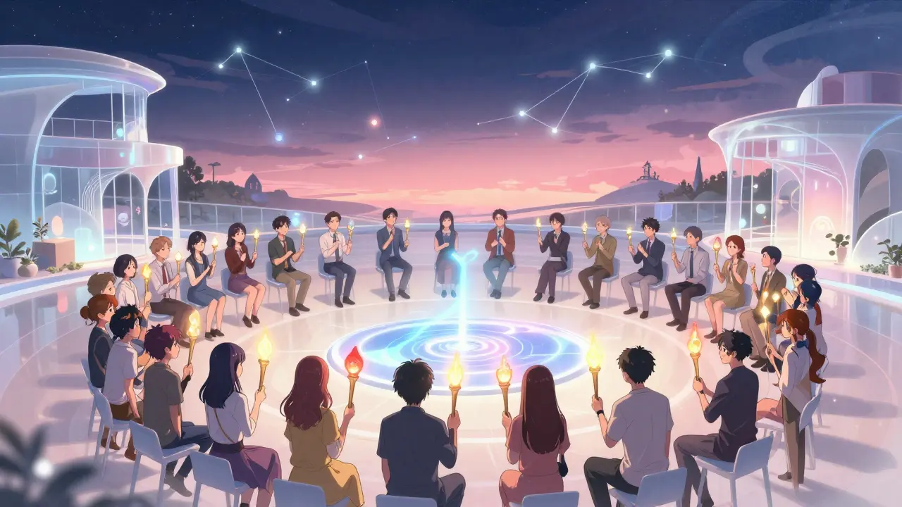 Community members gather in futuristic plaza for collaborative governance meeting