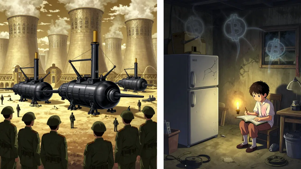 Contrasting scenes: a luxurious military mining center vs. a rural home lit only by candlelight, symbolizing stolen electricity.