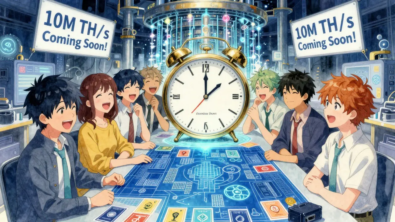 Friends gather around a table with miner blueprints and tokens, watching a countdown to 10M TH/s milestone.