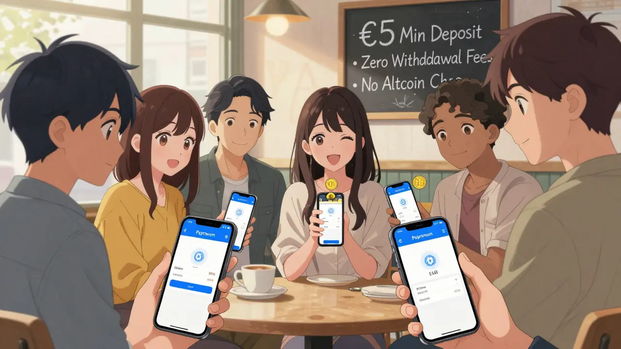 Friends in a Paris café checking Paymium app on phones, BTC turning into a flower, symbolizing low fees and simplicity.