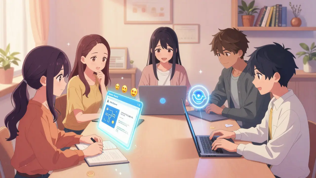 Friends interact with SSE tools like Smart School and IDEAS in a warm, glowing room filled with holograms and soft light.