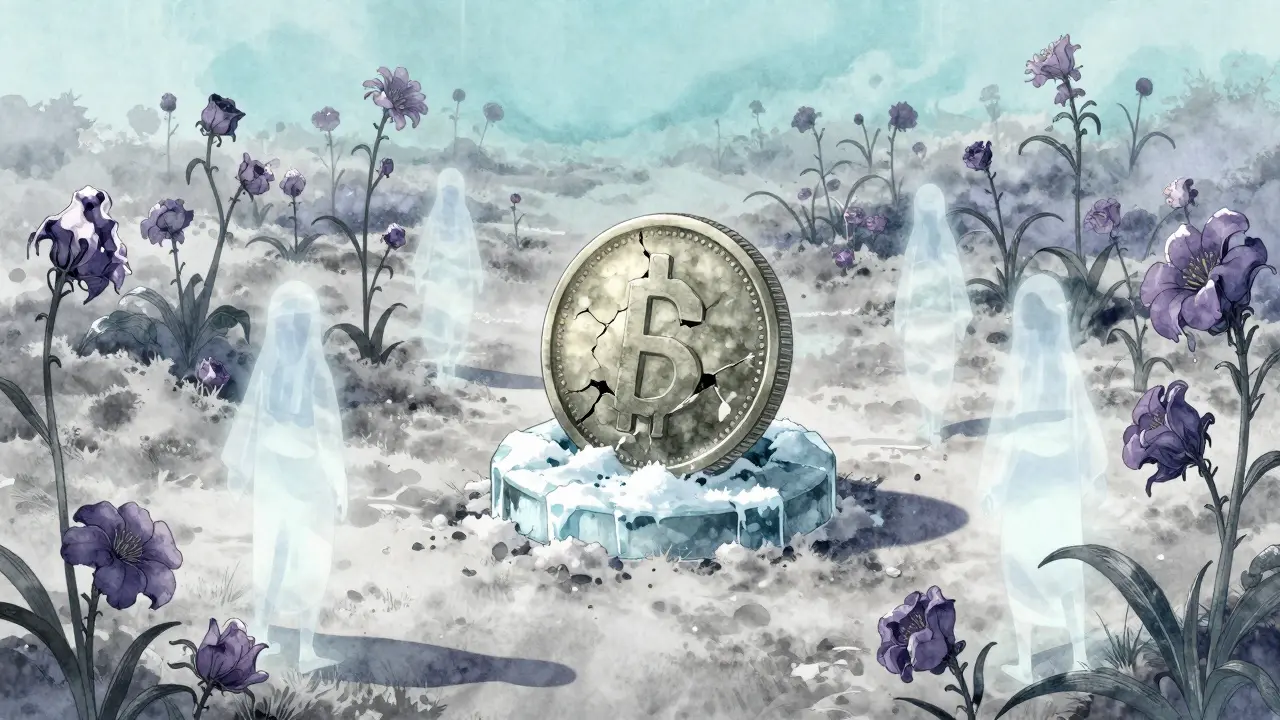 Ghostly figures in a withered garden around a frozen coin