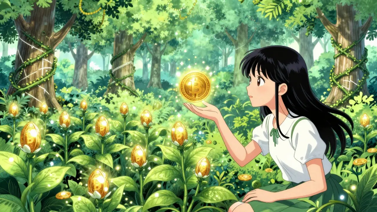 Girl touching token flowers in magical crypto garden.