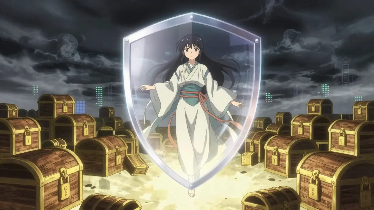 Guardian shield protecting treasures from dark storm clouds.