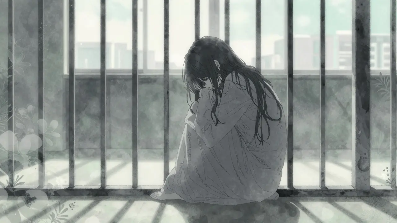 Lonely figure sitting inside a dim prison cell room