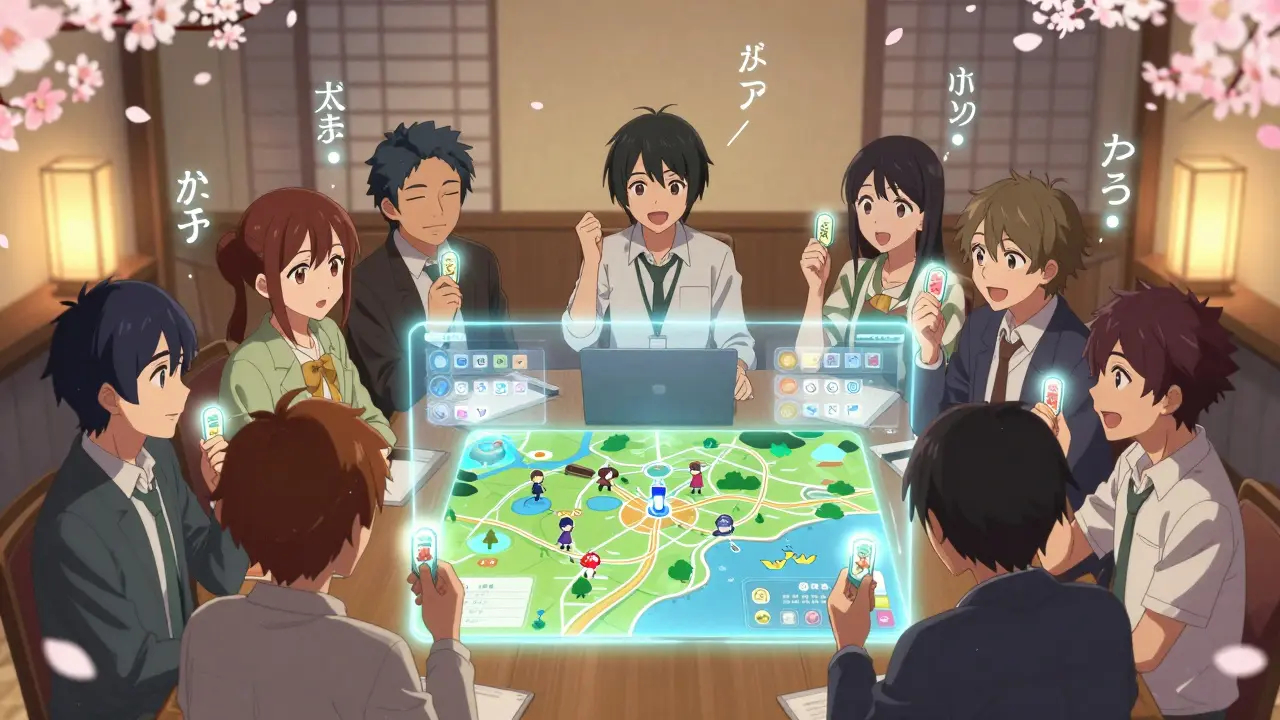 Players vote on a game’s future in a lantern-lit room, glowing tokens floating above them.