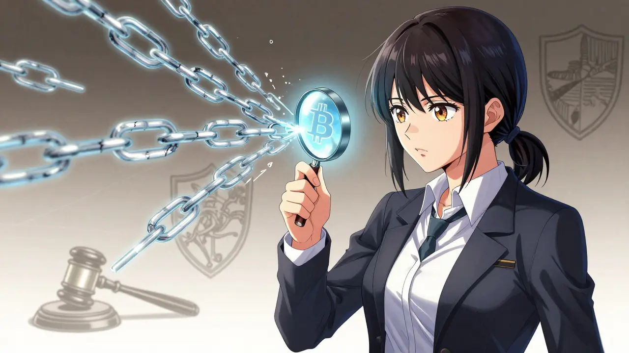 Shoujo detective inspecting glowing digital chain links for errors