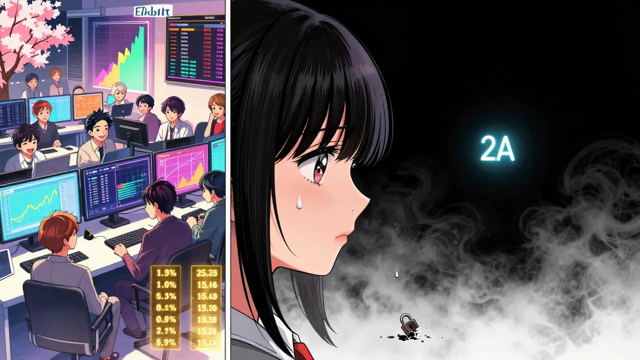 Split scene: vibrant trading floor on one side, empty void labeled Ekbit on the other, with a single flickering 2FA icon in darkness.