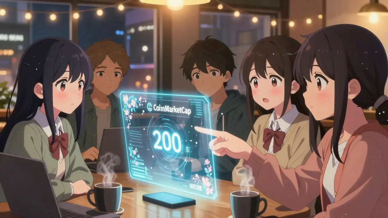 Teens celebrate as FUTURE tokens appear above their hands near a CoinMarketCap hologram in a café.