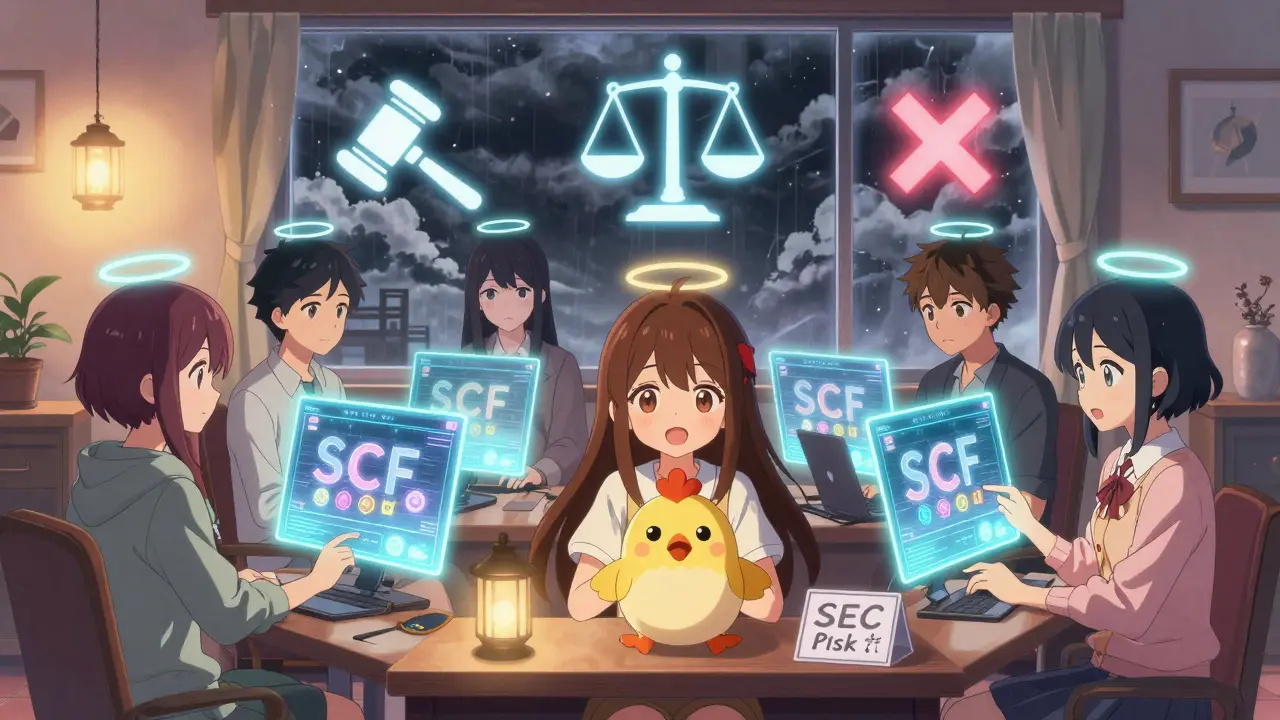 Teens stake SCF tokens in a glowing chat room, with regulatory warnings forming storm clouds outside.