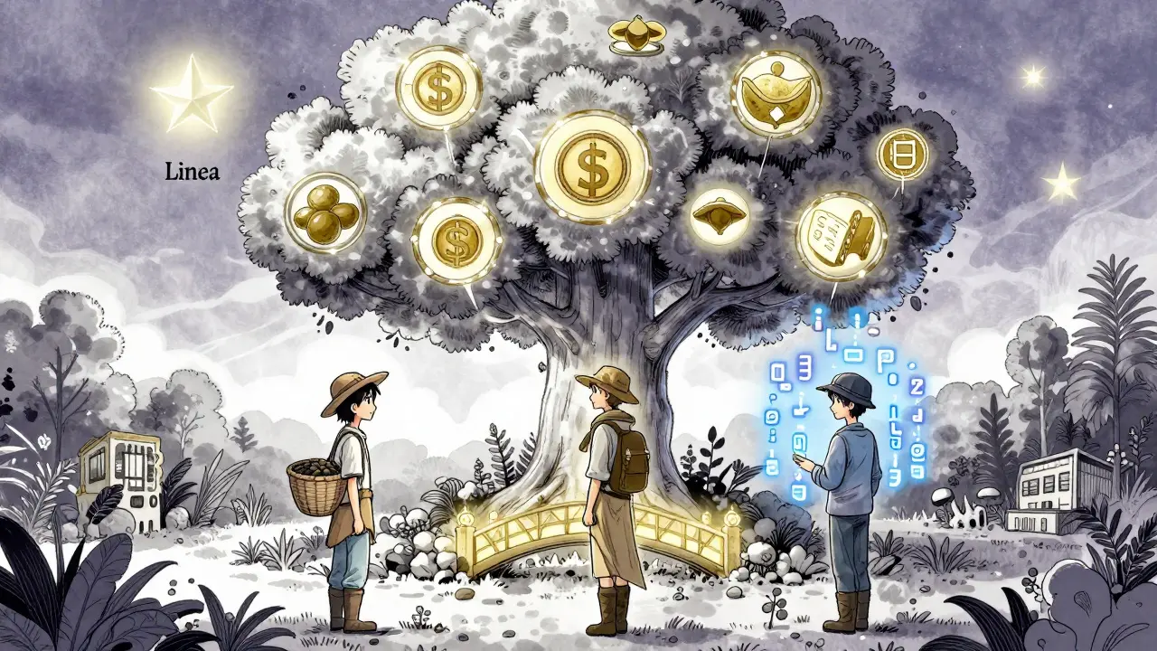 Three users stand beneath a blockchain tree bearing stablecoin fruit under a glowing Linea star in a quiet digital garden.