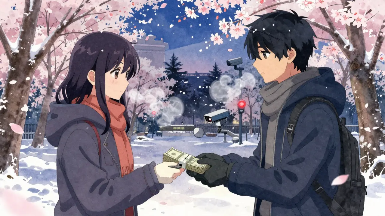 Two people secretly exchanging crypto for cash in a snowy park at dusk under surveillance.