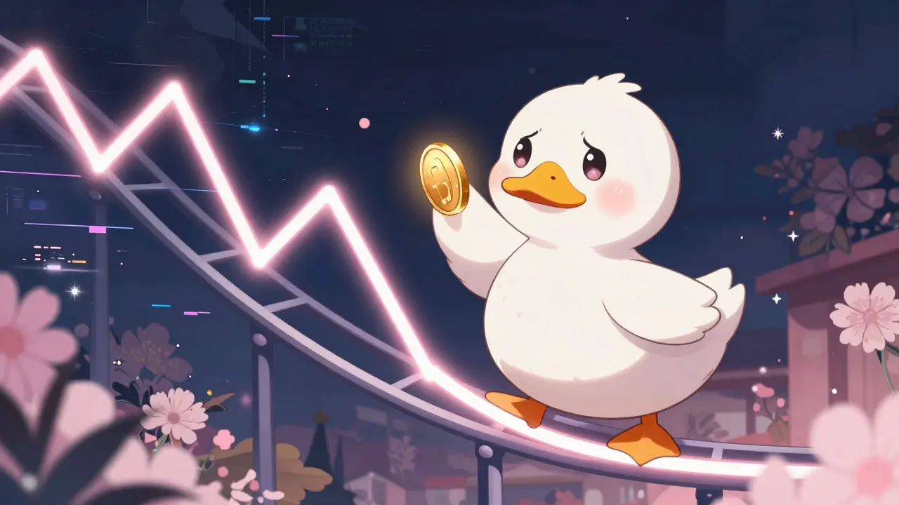 A cute AI duck riding a shimmering price graph line in a dramatic shoujo manga scene.