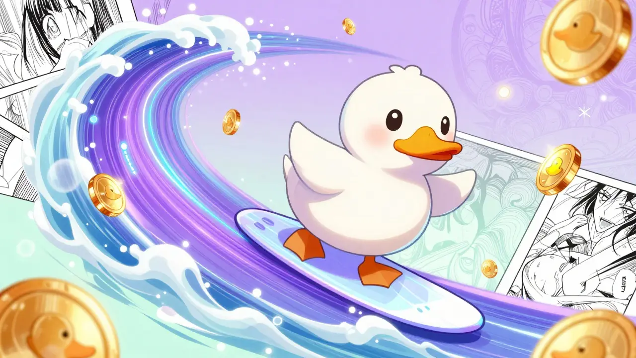 A cute duck surfing on a neon purple wave of data and golden coins in shoujo manga style.