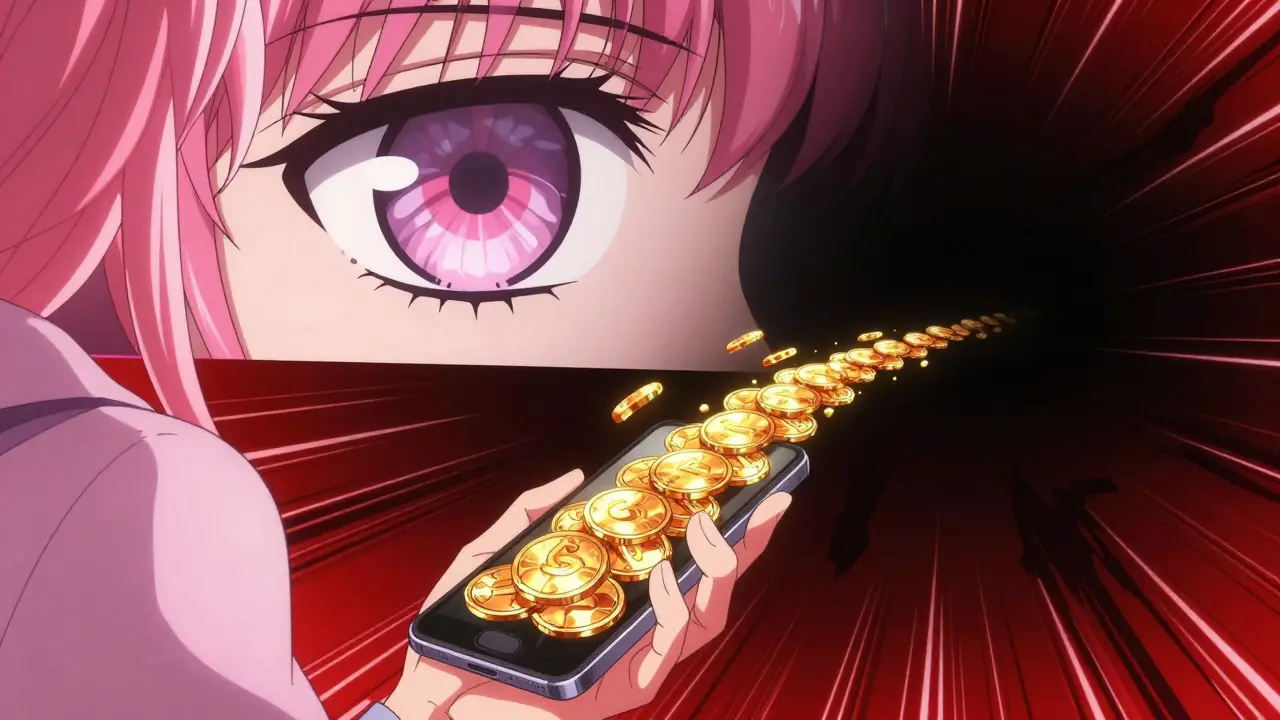 A digital trail of coins being watched by a giant surveillance eye in shoujo manga style