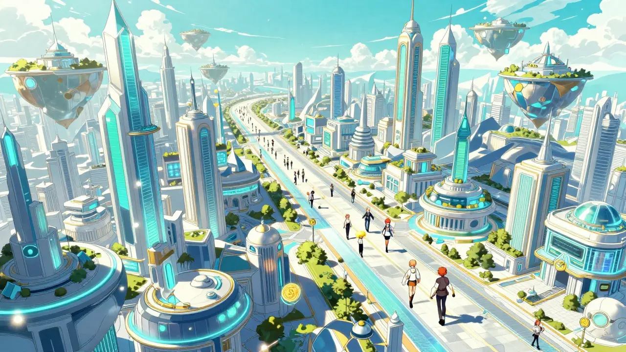 A dreamy, futuristic virtual city in the Lepasa Metaverse with anime characters and floating islands.