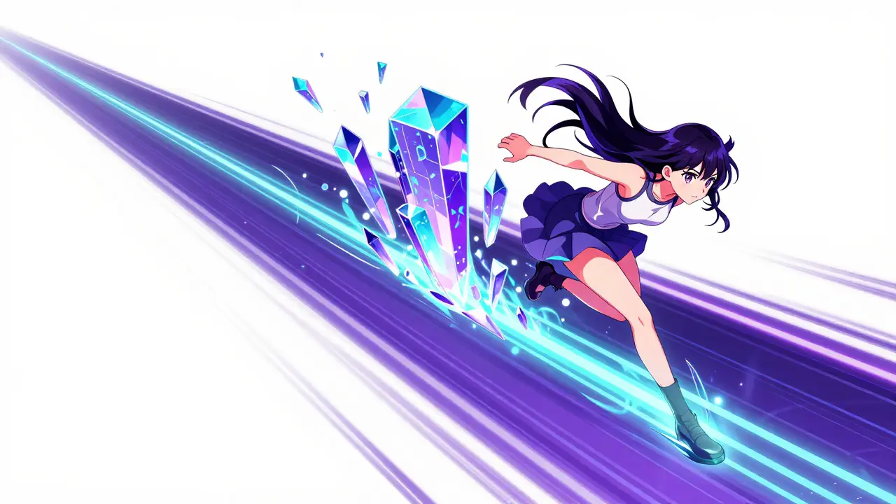 A girl gliding through a fast-paced, futuristic neon digital landscape in manga style.