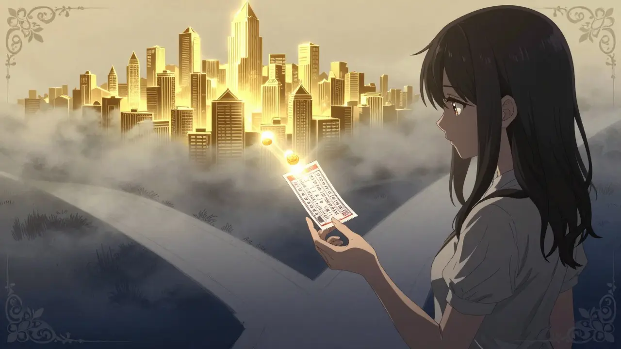 A girl hesitantly reaching for a glowing token at a crossroads in shoujo manga style.