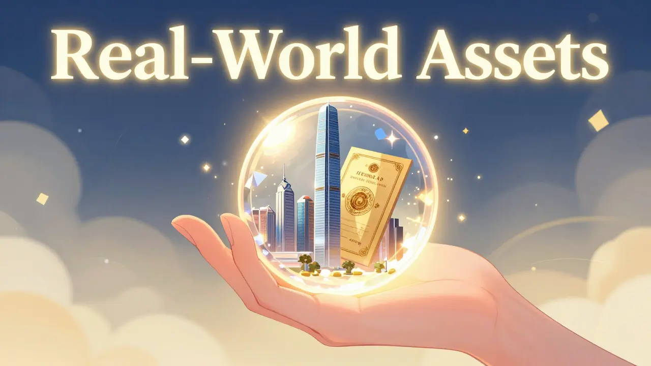 A glowing digital token containing a miniature building and bond in shoujo manga style