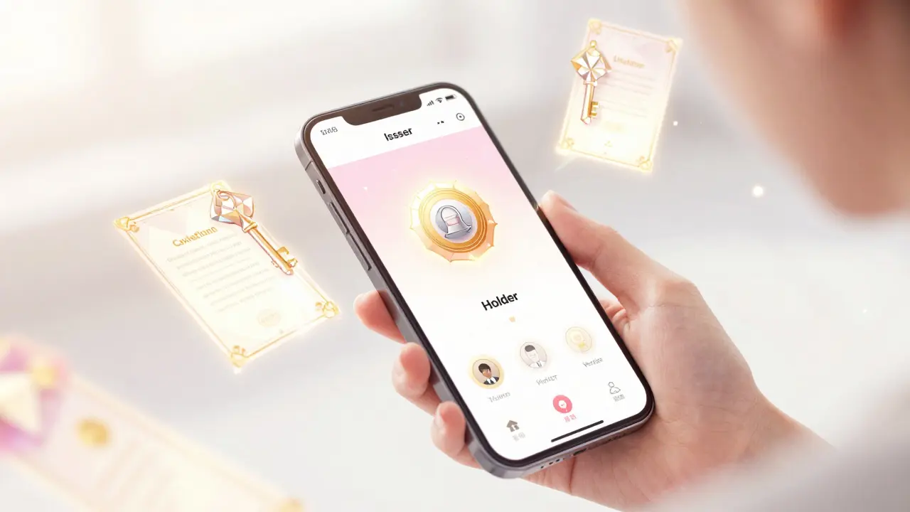 A glowing digital wallet on a smartphone with floating holographic certificates in shoujo manga style.