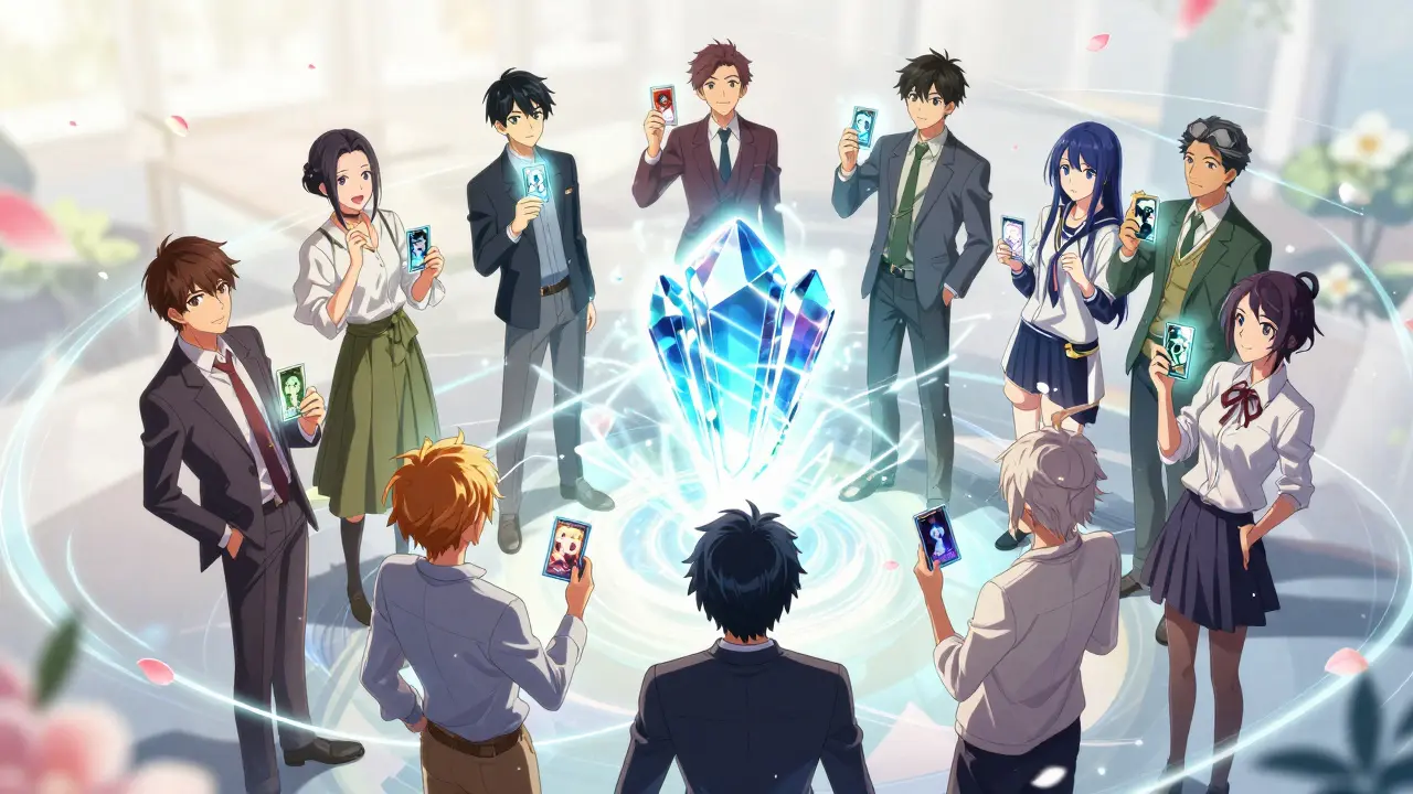 A group of characters holding glowing NFT cards around a floating SQUAD token.