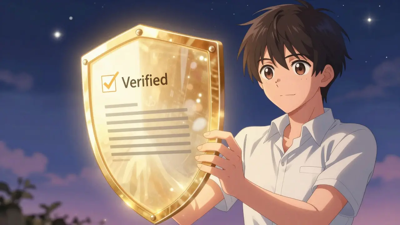 A person using a glowing golden shield to selectively share a verification checkmark in shoujo manga style.