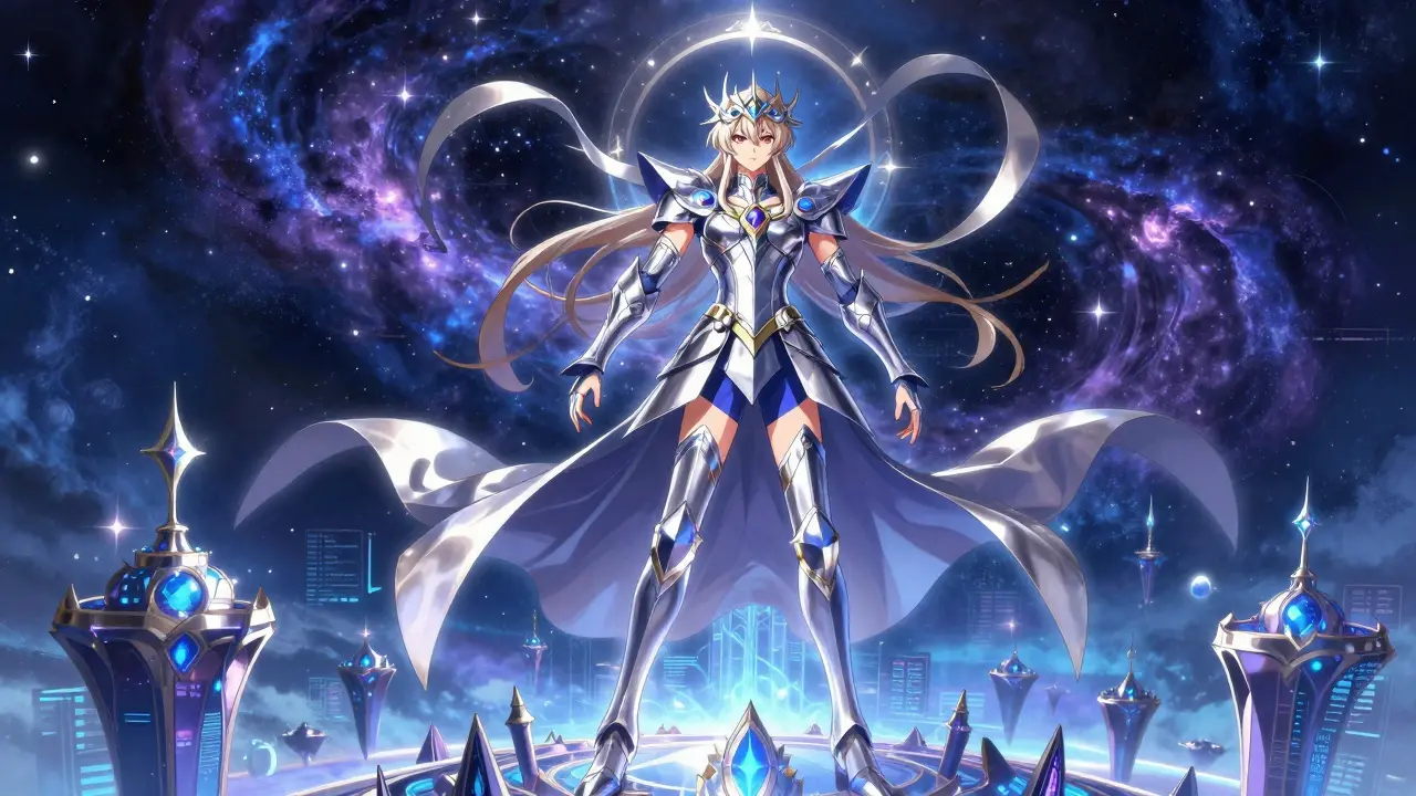 A regal, powerful anime figure in celestial armor standing on virtual land under a starry sky.