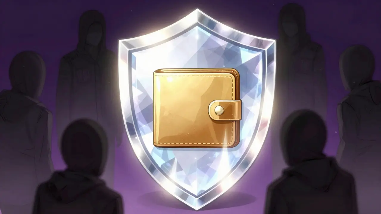A shimmering crystal shield protecting a digital wallet from shadowy figures in shoujo manga style.