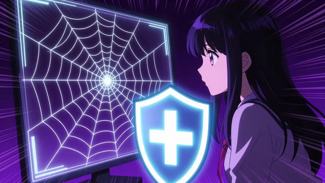 A woman facing a deceptive neon digital web with a protective shield in manga style.