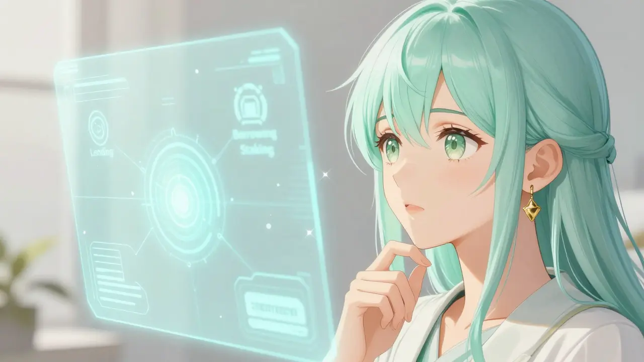 An elegant woman interacting with a holographic DeFi aggregator dashboard in shoujo manga style.