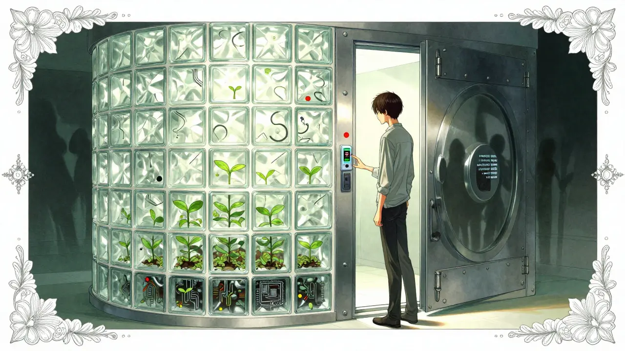 Anime character looking at glass vault with plants and security shadows