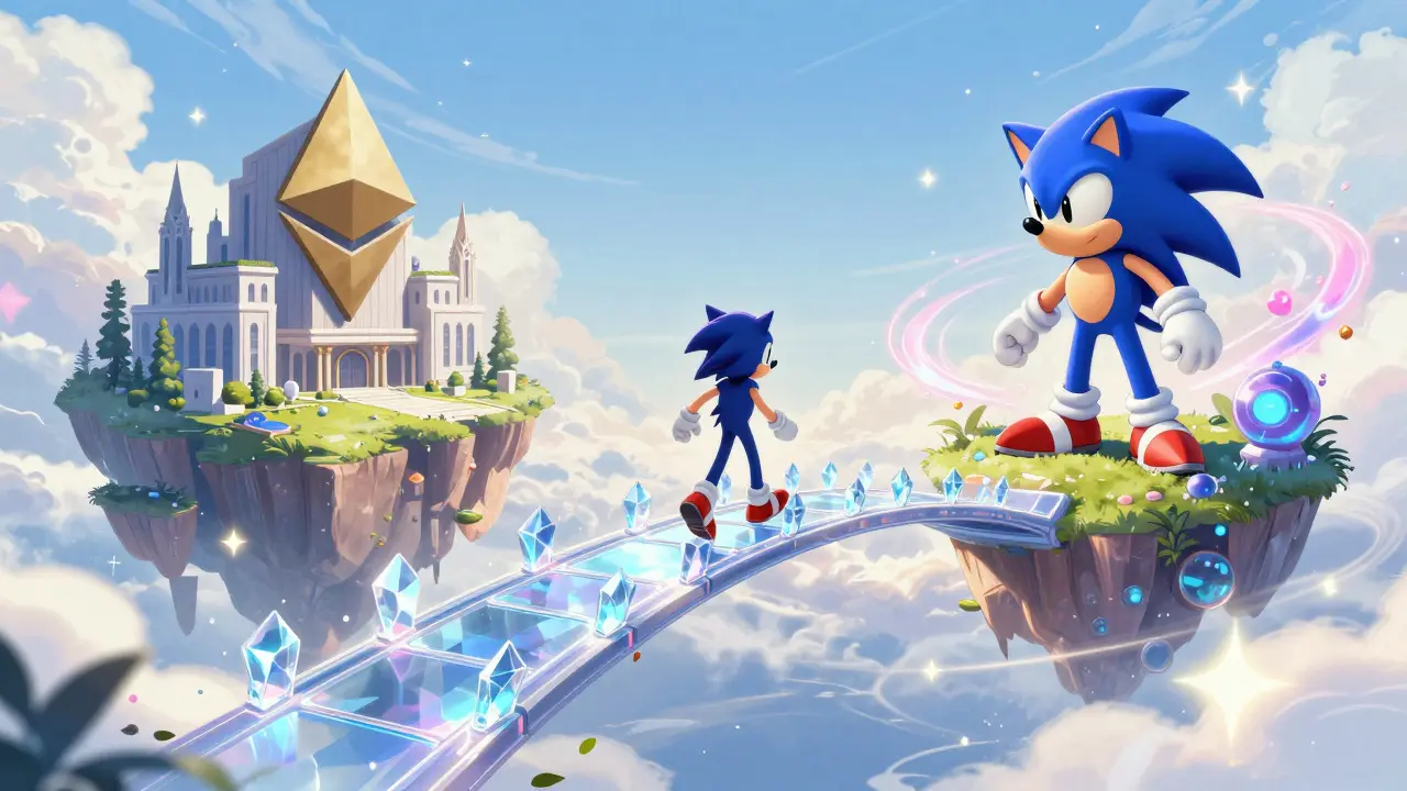 Anime girl crossing a glowing crystalline bridge between two digital worlds