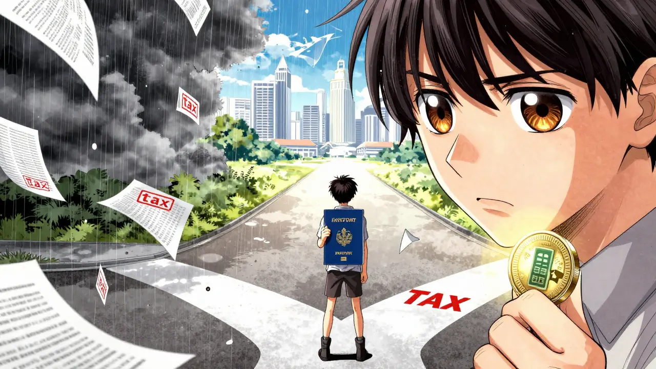 Character choosing between a US passport and crypto wealth amid a storm of tax forms.