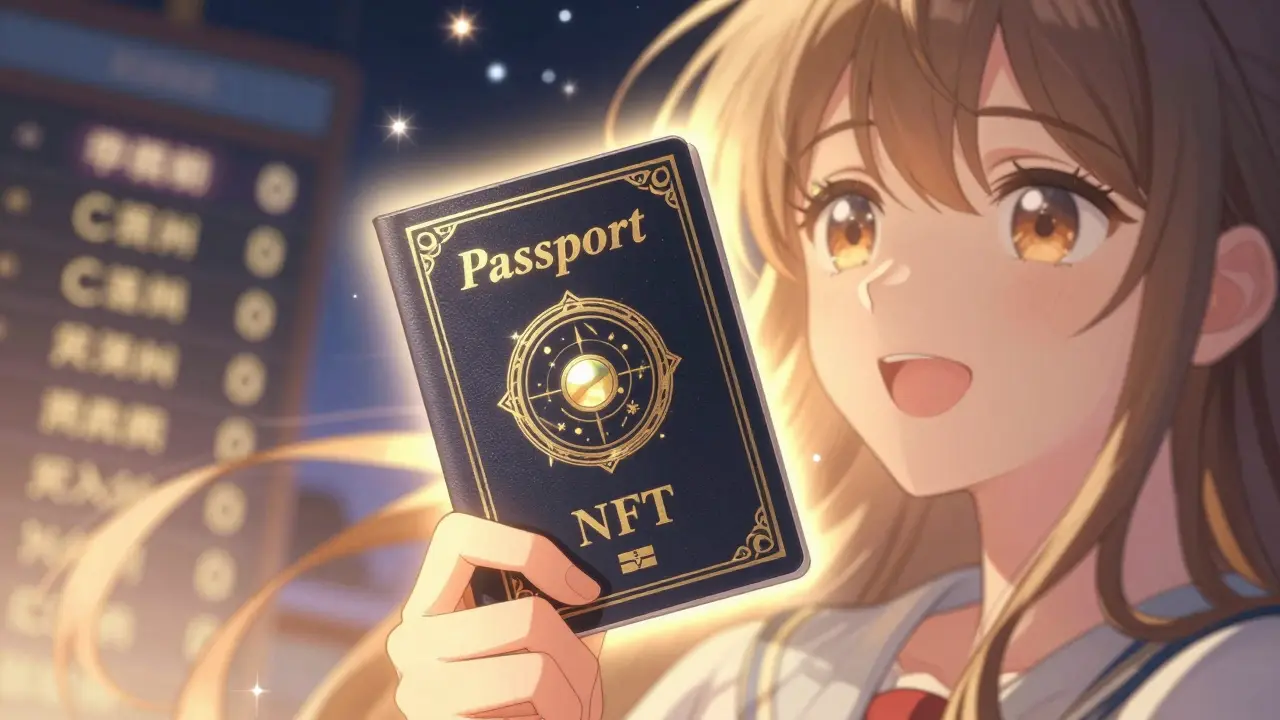 Close-up of a glowing celestial Passport NFT held by a character in a starry setting.