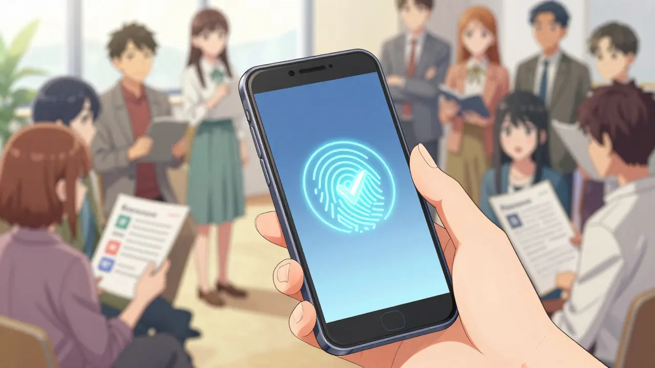 Close-up of a hand using biometric security on a phone with a supportive community in the background.