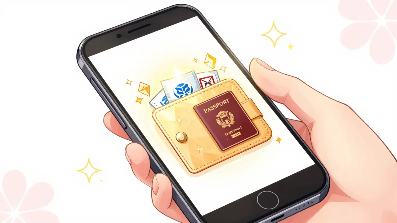 Close-up of a smartphone showing a glowing digital identity wallet in shoujo manga style