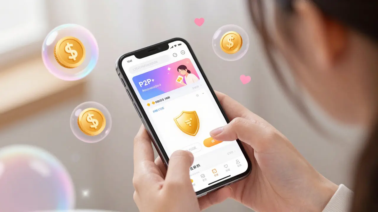 Close-up of hands using a smartphone for a secure P2P crypto trade in shoujo manga style